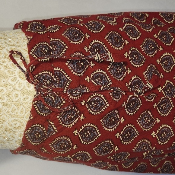 Red White Floral Paisley Print Drawstring Hook Eye A-Line Boho Gypsy Hippi Midi - Picture 7 of 9